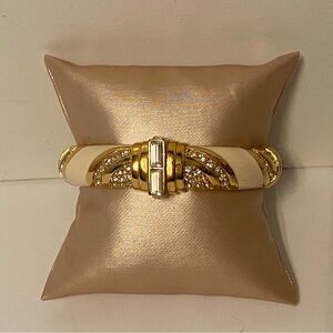 GIVENCHY BRACELET HINGED GOLD TONE CREAM ENAMEL SPARKLE RHINESTONE BLING SIGNED